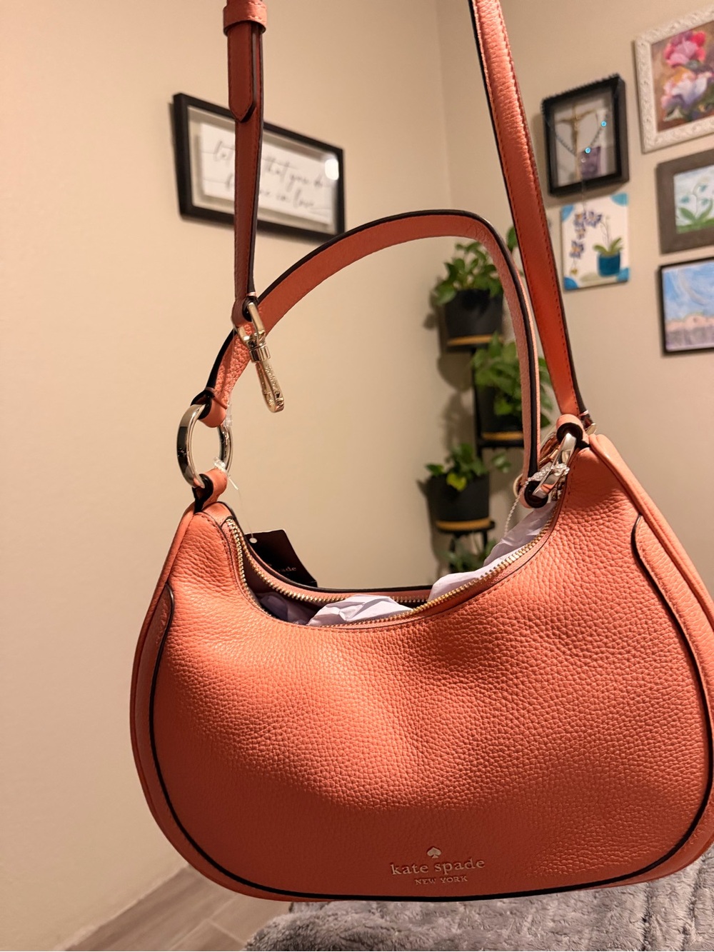 kate spade Coral Pebbled Leather Crescent Shoulder Bag in terracota color